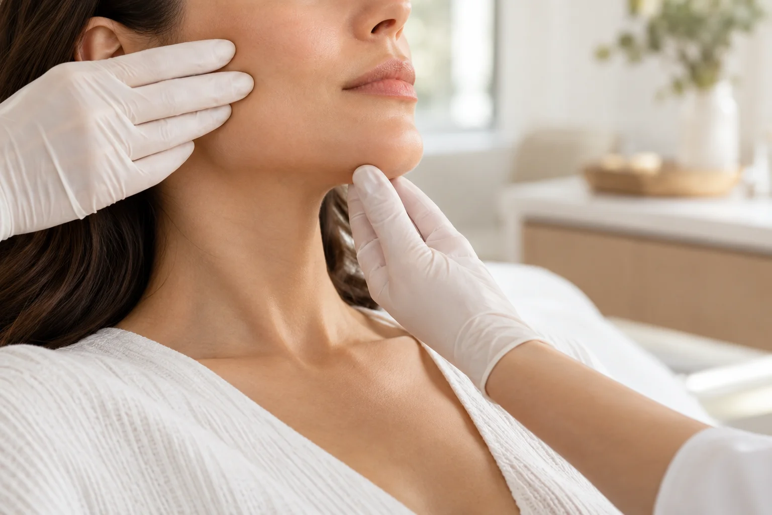 Clinician's gloved hands gently assessing facial skin; illustrative image.
