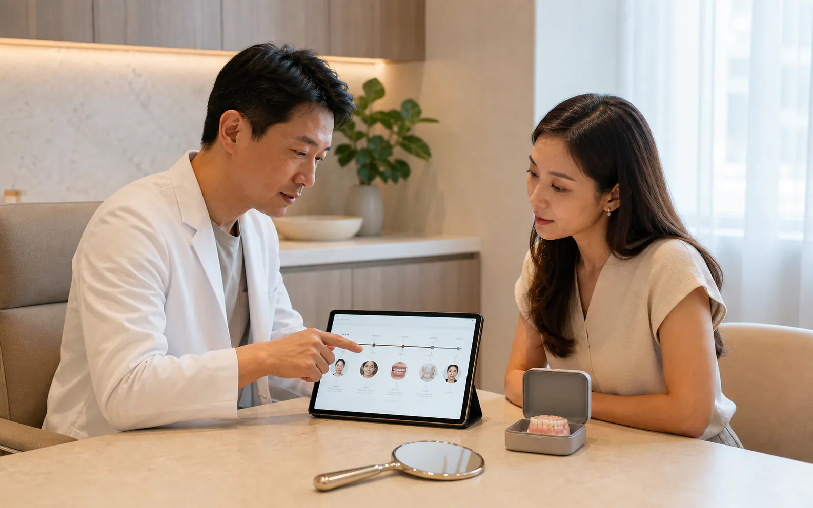 A doctor and patient reviewing a paced aesthetic and dental care plan on a tablet.
