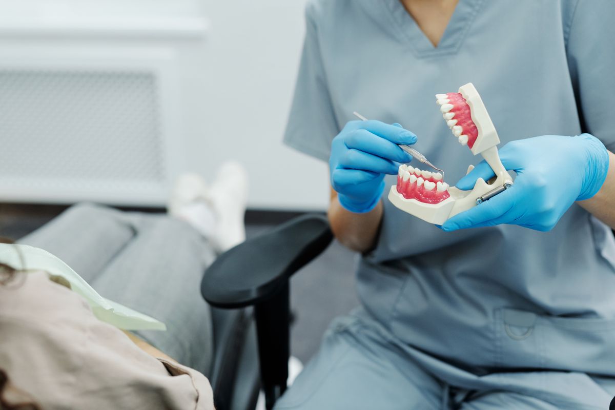Gloved dental professional demonstrating cleaning with a dental model and scaler.