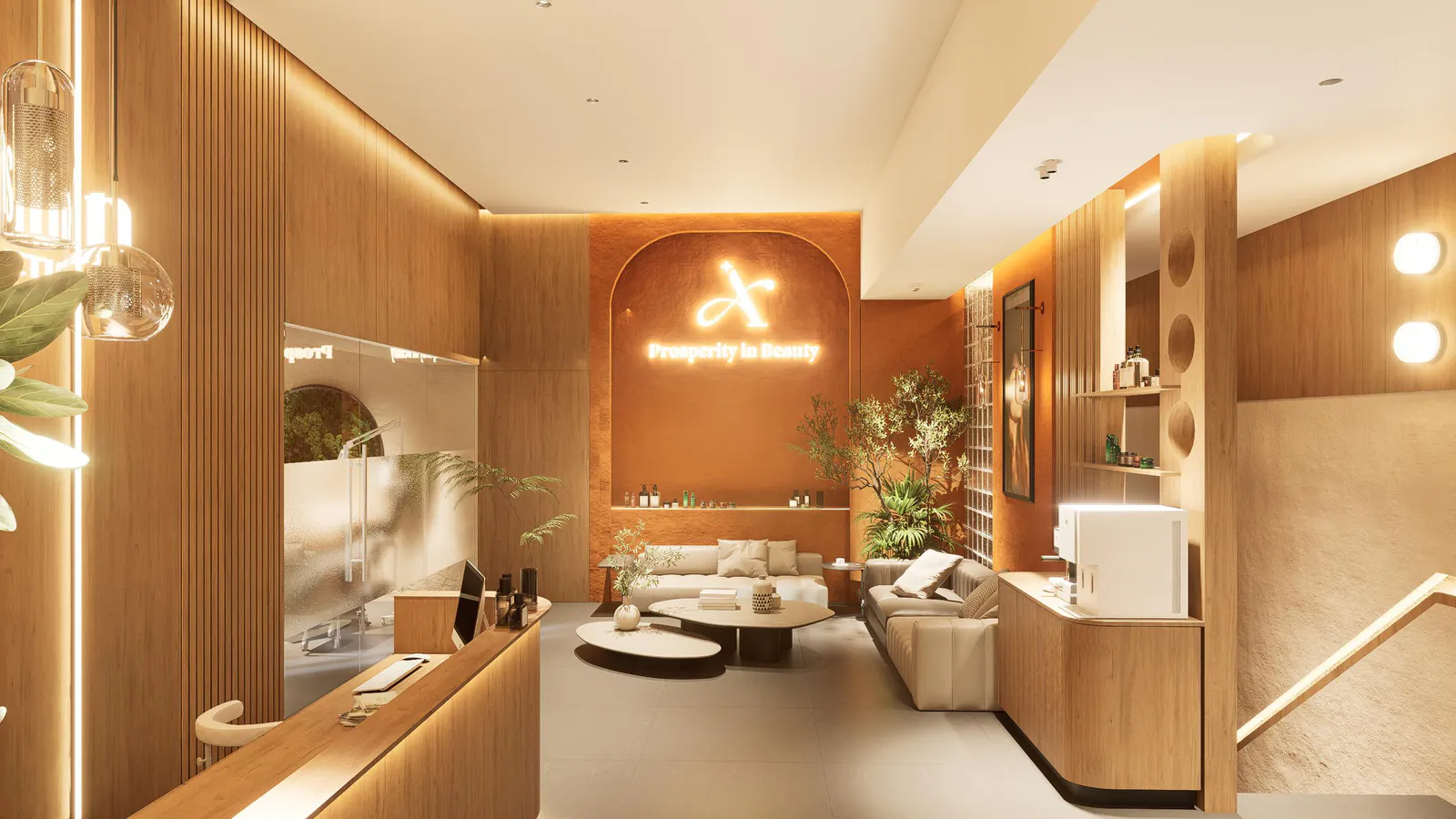Wide reception and waiting area with layered seating and warm feature lighting.