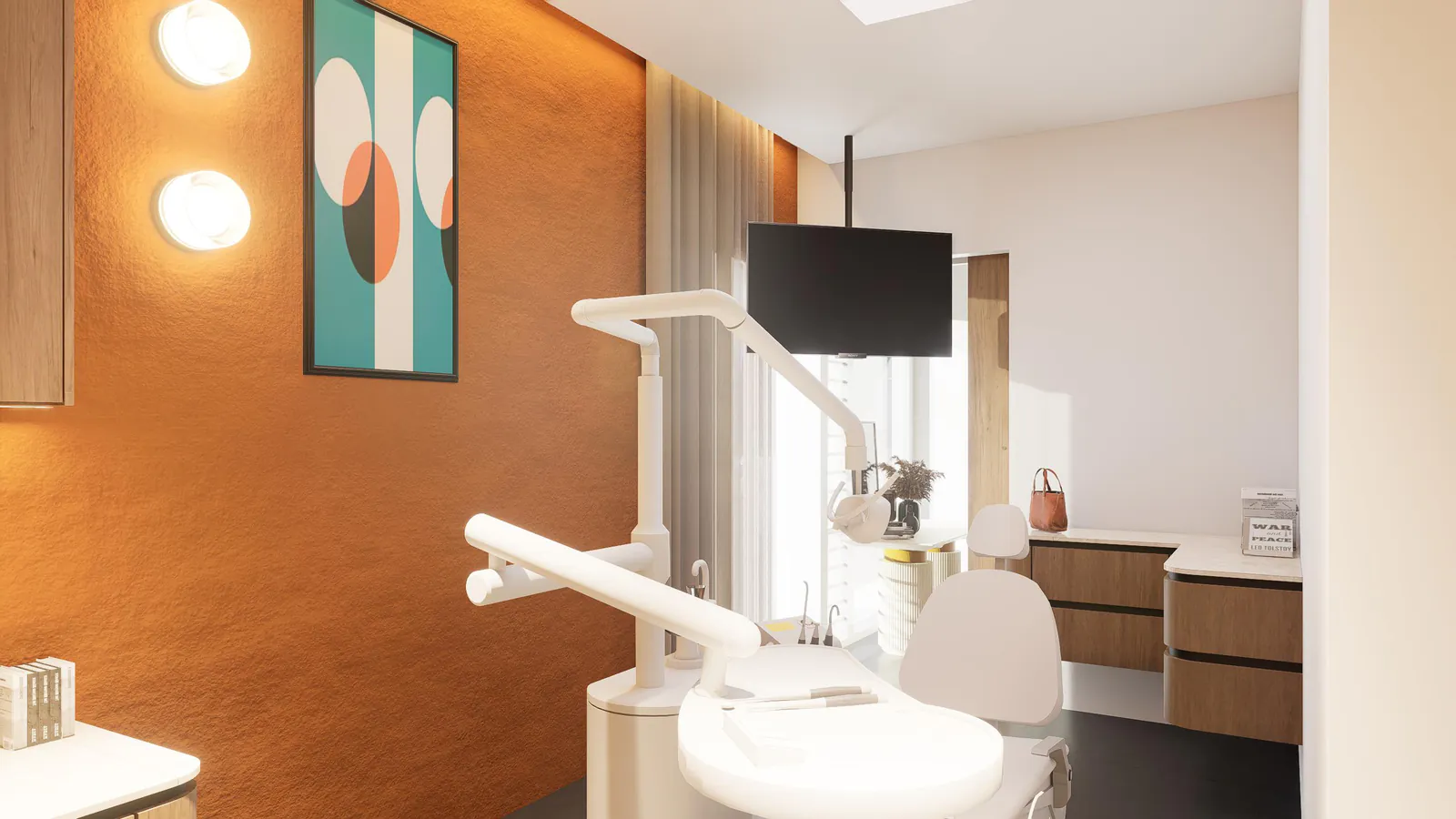 Another dental treatment angle with mounted screen and natural window light.