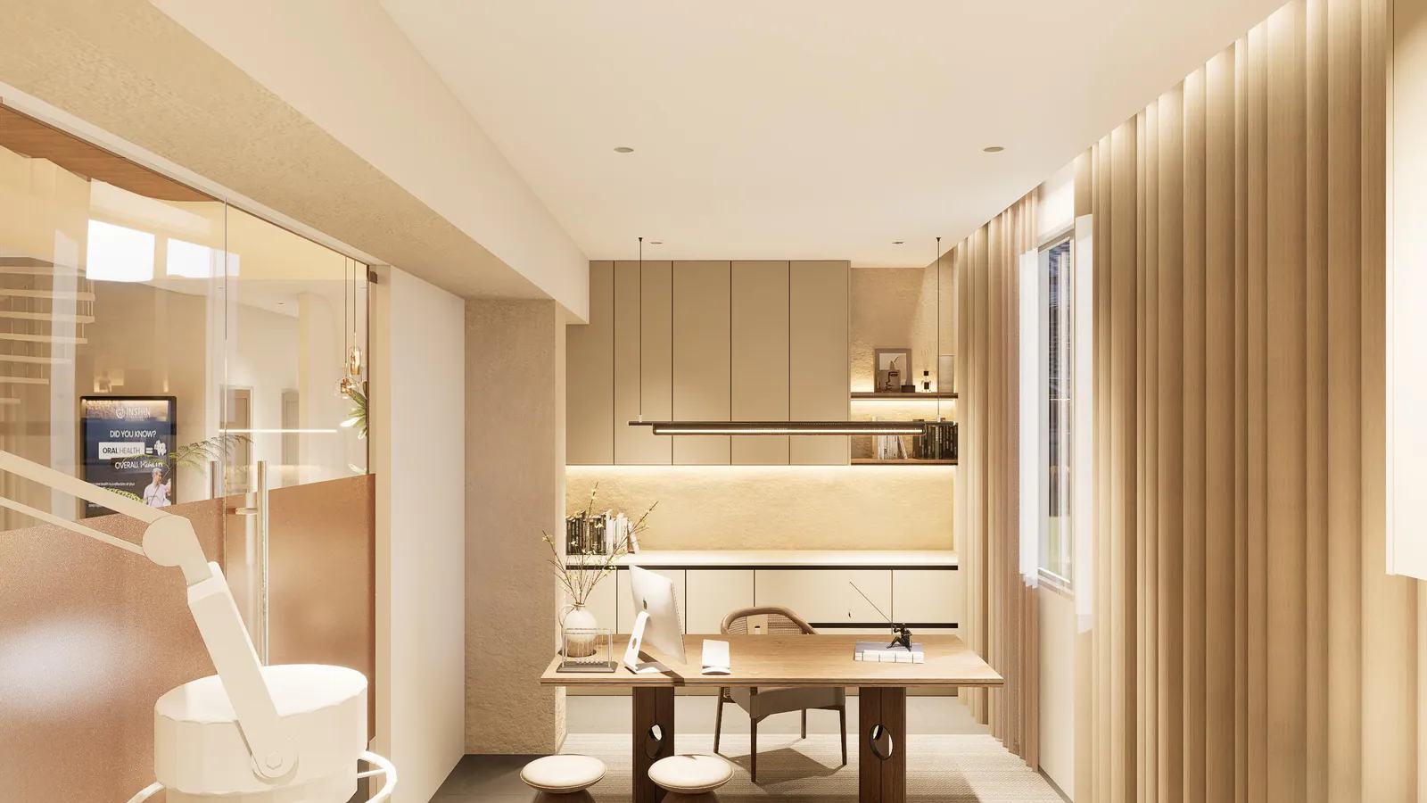 Consultation room with treatment chair, desk, and soft neutral lighting.