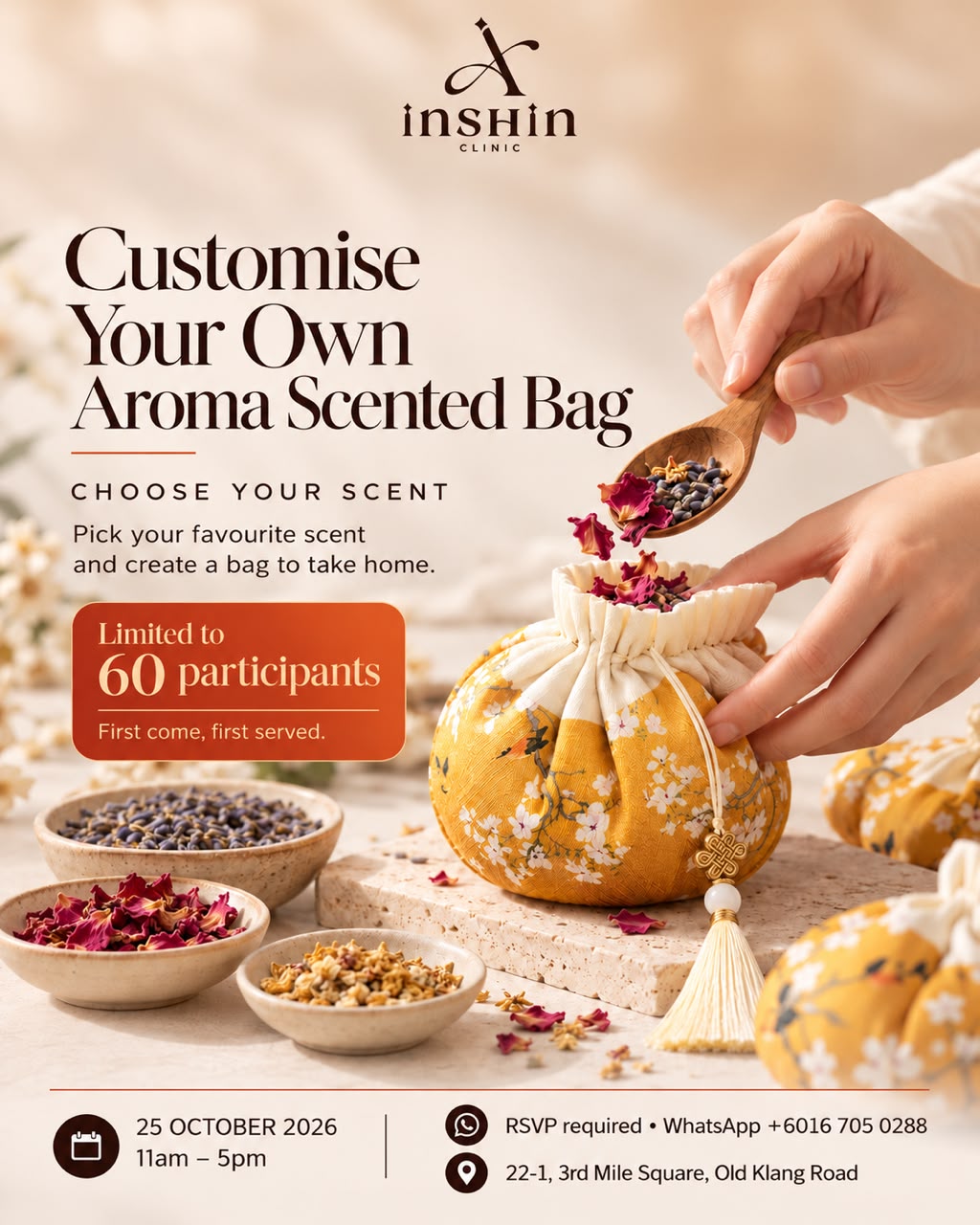 Aroma scented bag activity poster showing a floral fabric bag and dried botanicals.