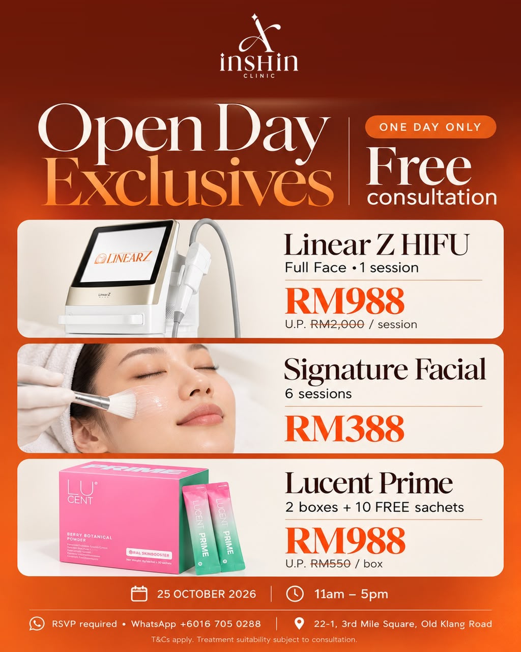 Open Day exclusive offers poster for Linear Z HIFU, Signature Facial, and Lucent Prime.