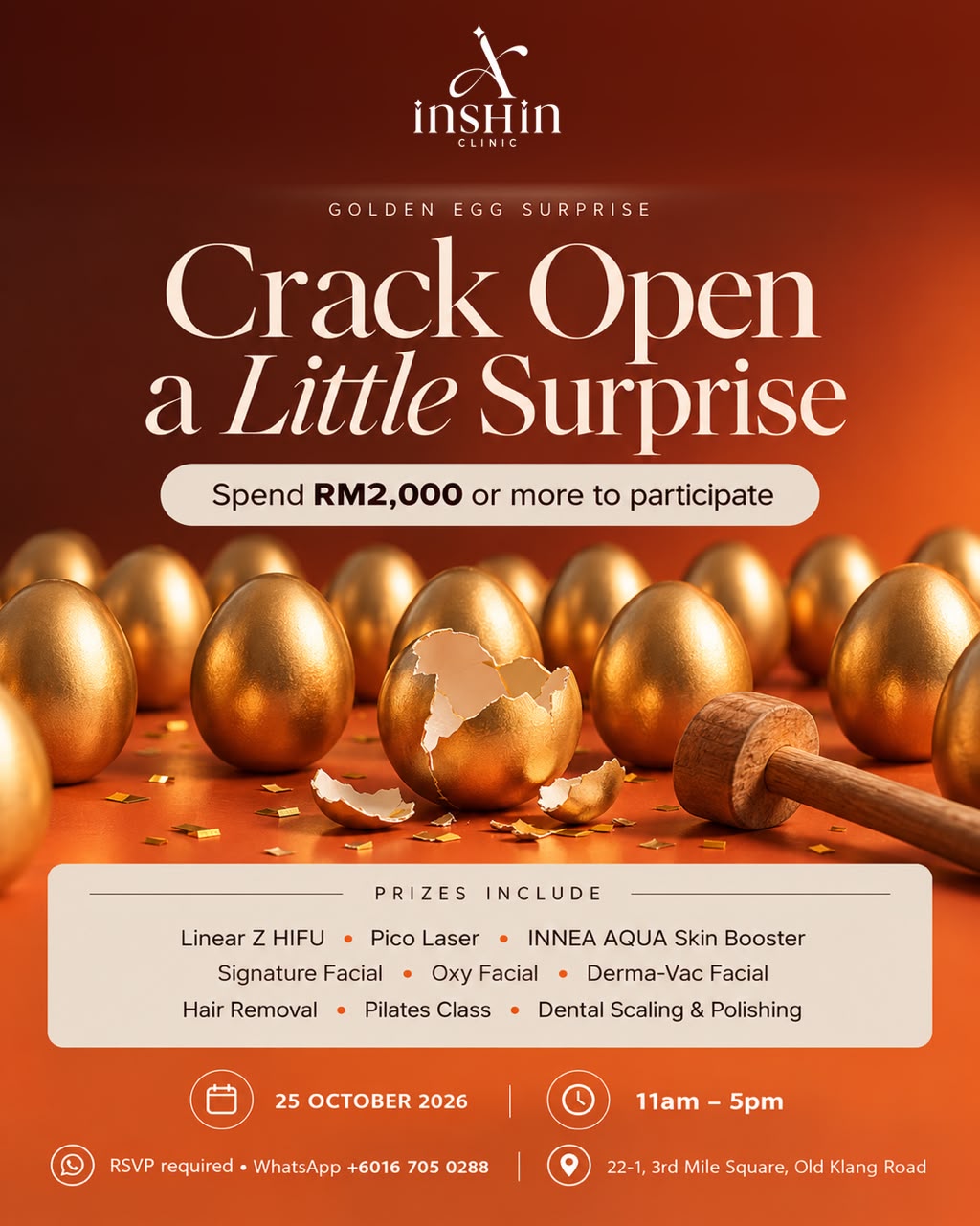 Golden Egg Surprise poster inviting guests who spend RM2,000 or more to participate.