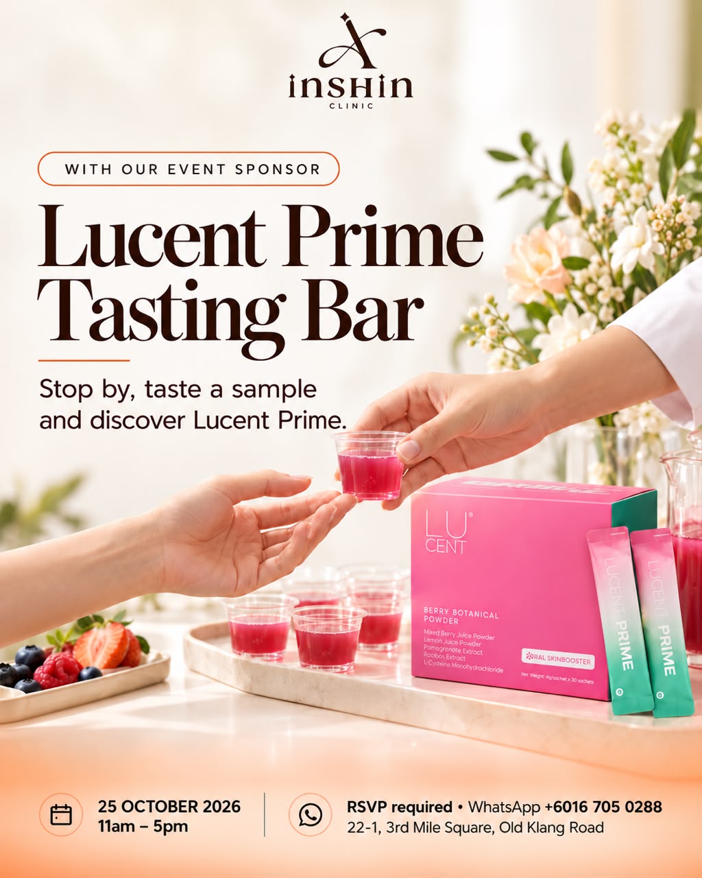 Lucent Prime Tasting Bar poster showing sample drinks and Lucent Prime products.