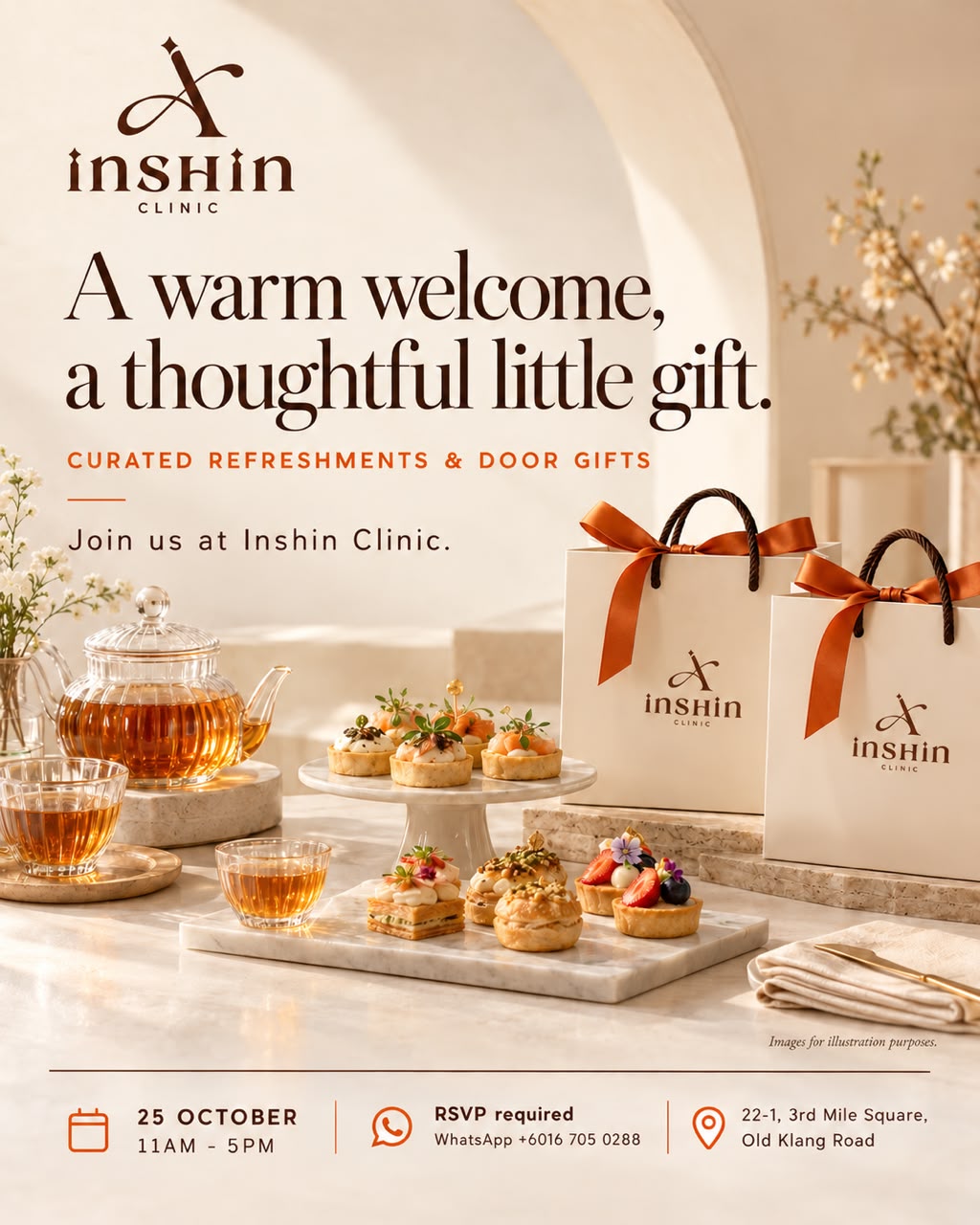 Open Day refreshments and door gifts poster with tea, pastries, and Inshin Clinic gift bags.